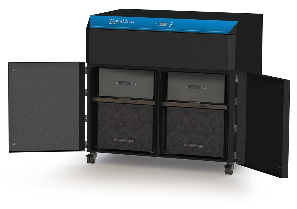 Donaldson BOFA AD 2000 iQ fume extractor with filter compartments open showing twin DeepPleat DUO pre-filters