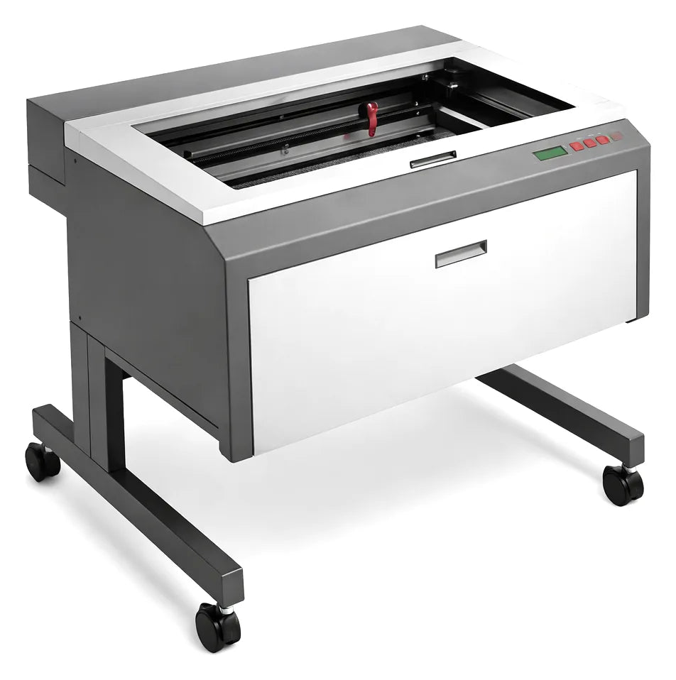 A Universal Laser legacy M series laser engraver in grey, on its stand